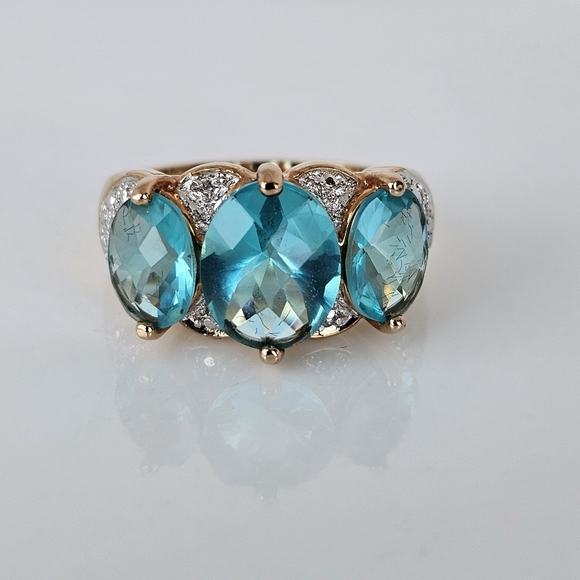 Stunning Caribbean Tourmaline & Diamond Ring Yellow Gold Vermeil Sz 7! - Picture 2 of 11